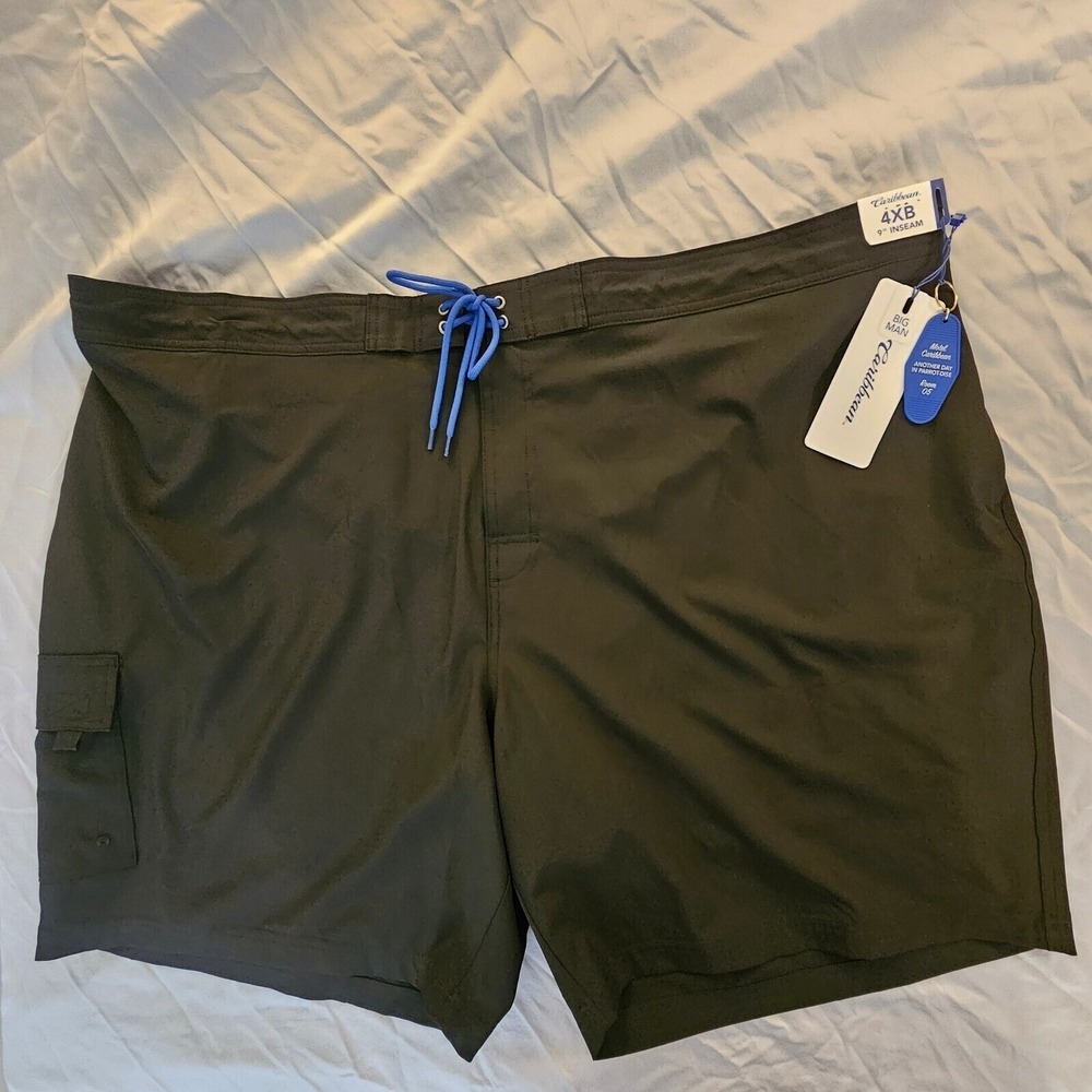 Roundtree Yorke Caribbean Board Style Drawstring Black Swim Shorts 4XB NWT L404